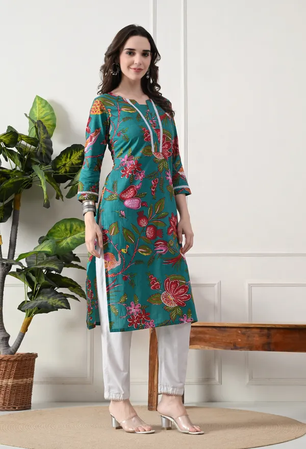 Green_Cotton_Floral_Printed_Kurta_For_Women