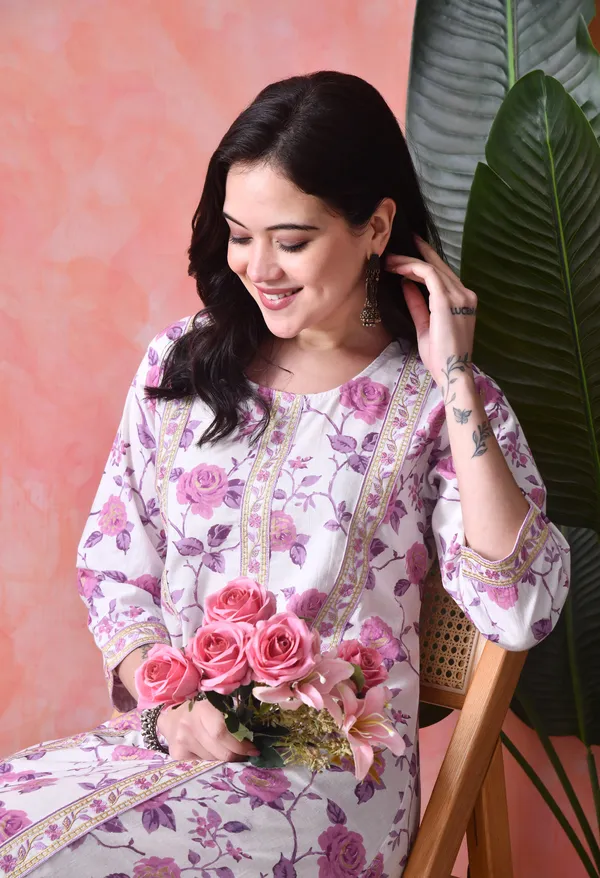 White_And_Purple_Cotton_Floral_Print_Kurta_For_Women