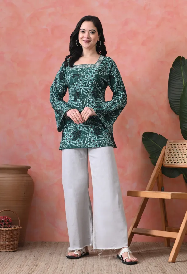 Green_Cotton_Floral_Embroidered_Kurti_For_Women