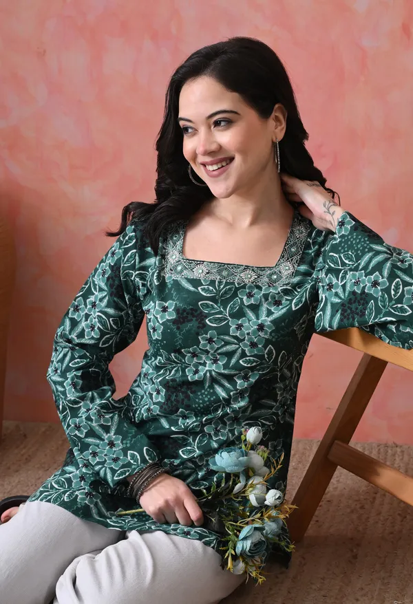 Green_Cotton_Floral_Embroidered_Kurti_For_Women