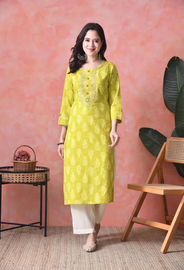 Lemon_Yellow_Cotton_Embroidered_Kurta_For_Women