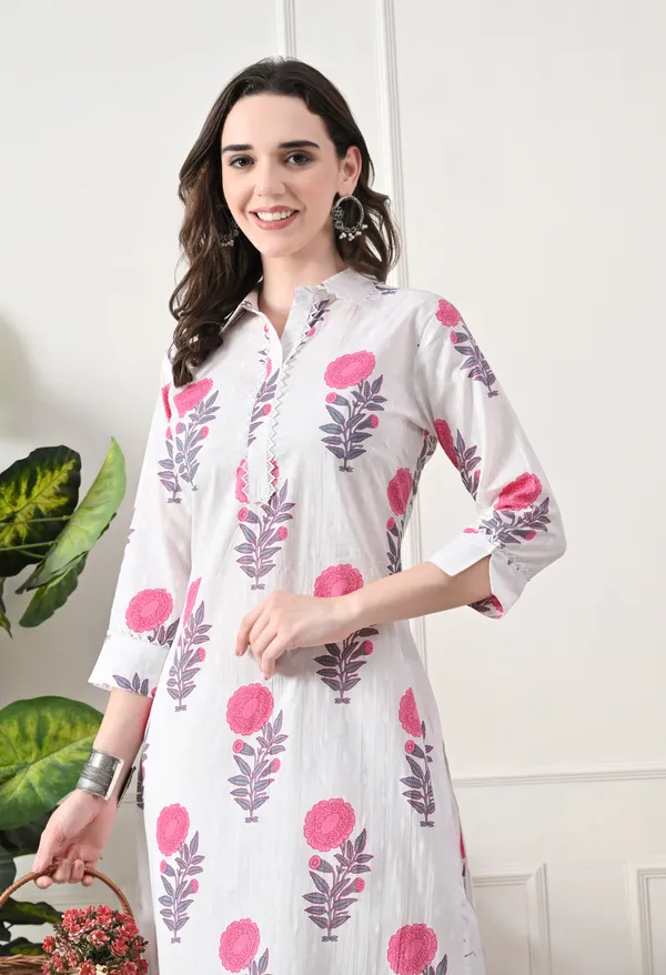 White_Cotton_Floral_Block_Print_Kurta_For_Women