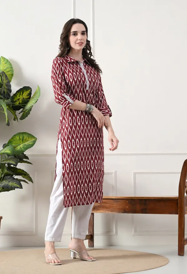 Maroon_Cotton_Ikat_Print_Kurta_For_Women
