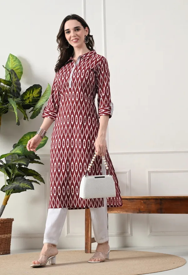 Maroon_Cotton_Ikat_Print_Kurta_For_Women