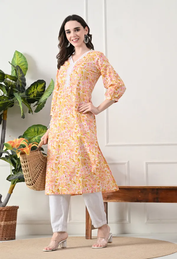 Yellow_Cotton_Floral_Print_Kurta_For_Women