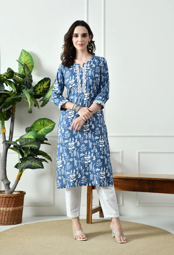 Blue_Cotton_Floral_Printed_Kurta_For_Women