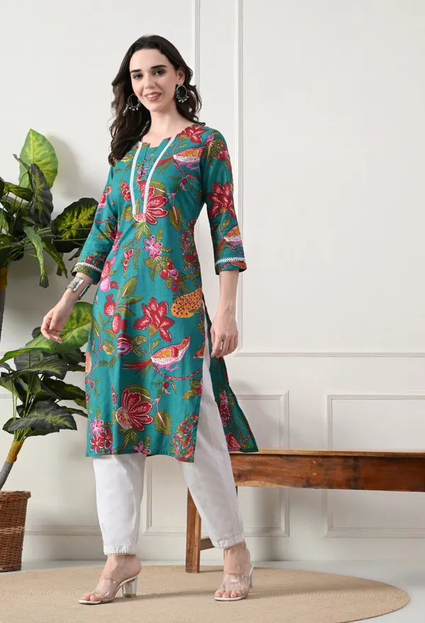 Green_Cotton_Floral_Printed_Kurta_For_Women