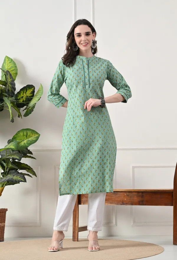 Green_Cotton_Floral_Print_Kurta_For_Women