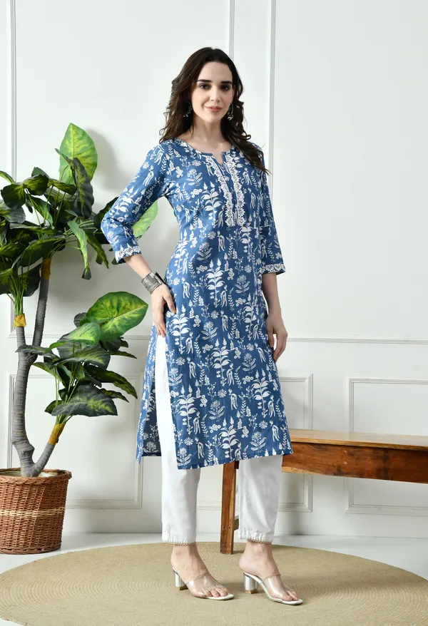 Blue_Cotton_Floral_Printed_Kurta_For_Women