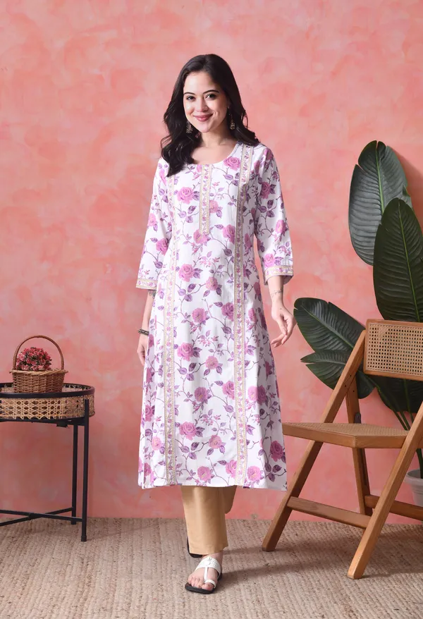 White_And_Purple_Cotton_Floral_Print_Kurta_For_Women