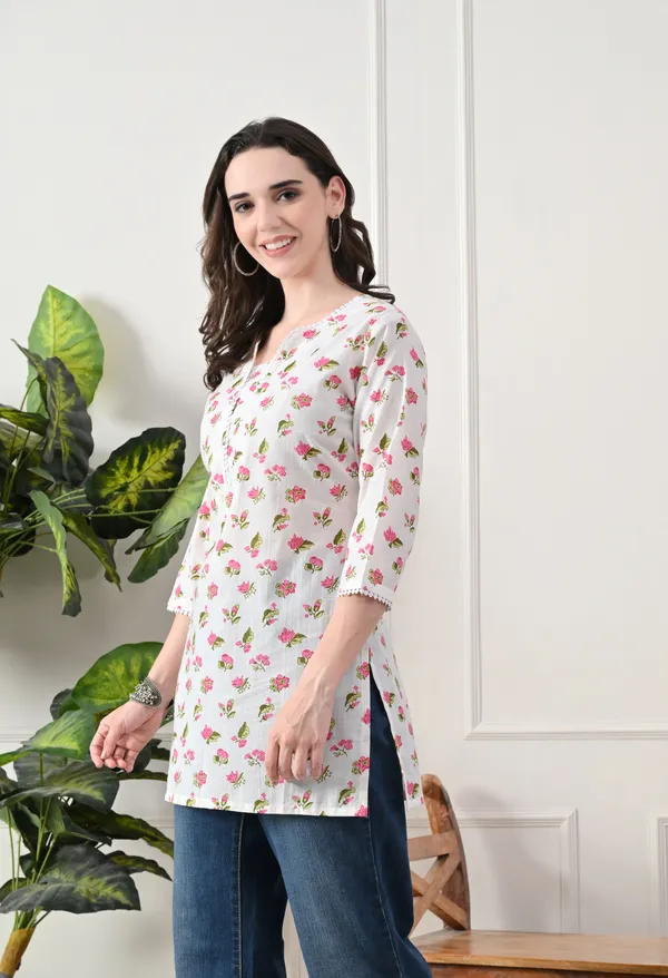 White_Cotton_Floral_Print_Kurti_For_Women