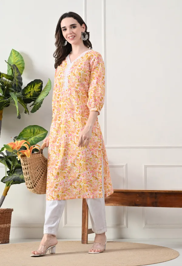 Yellow_Cotton_Floral_Print_Kurta_For_Women
