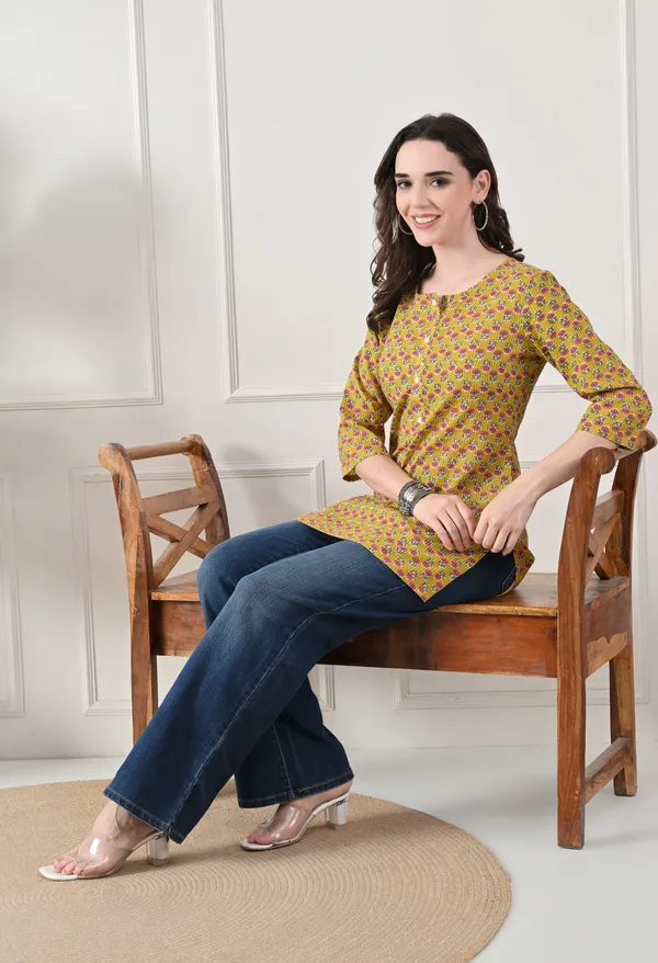 Yellow_Cotton_Floral_Print_Kurti_For_Women