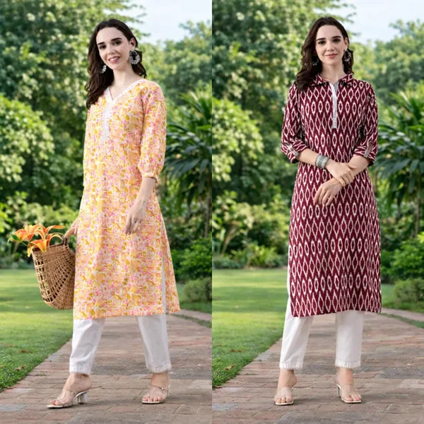 Maroon_and_Yellow_Cotton_Ikat__and_Floral_Print_and__Floral_Embroidered_Kurta_For_Women