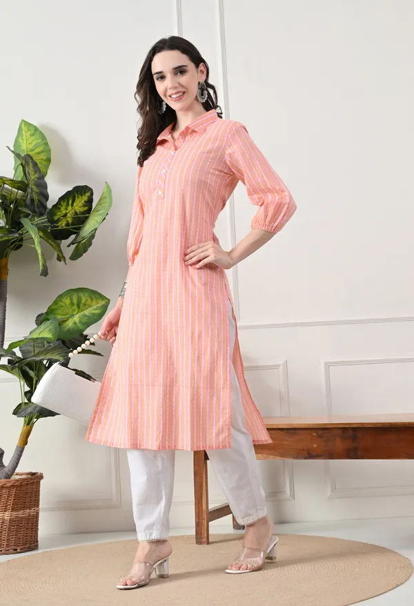 Peach_Cotton_Striped_Premium_Kurta_For_Women