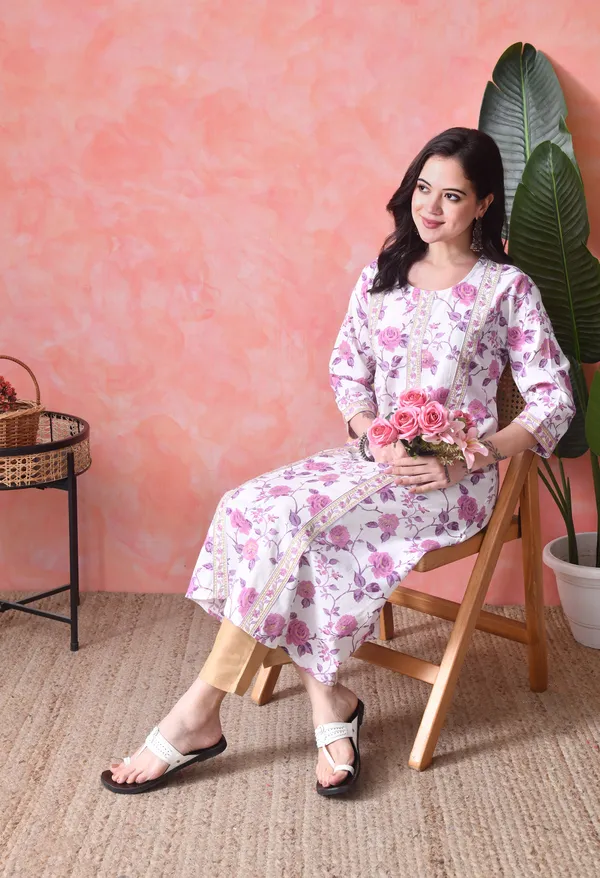 White_And_Purple_Cotton_Floral_Print_Kurta_For_Women