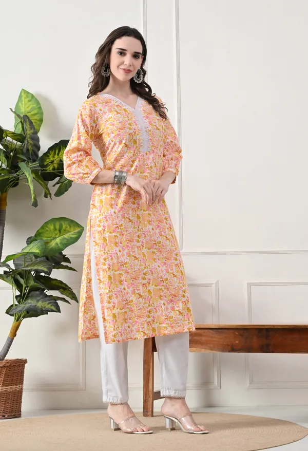 Yellow_Cotton_Floral_Print_Kurta_For_Women