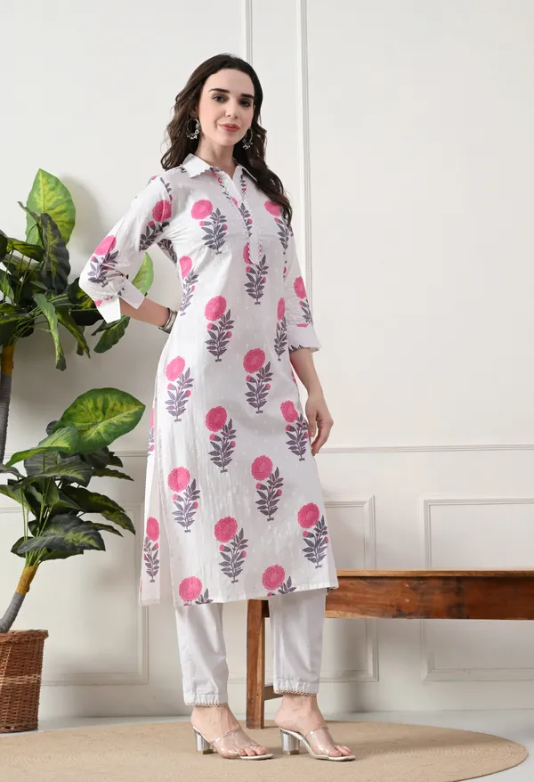 White_Cotton_Floral_Block_Print_Kurta_For_Women