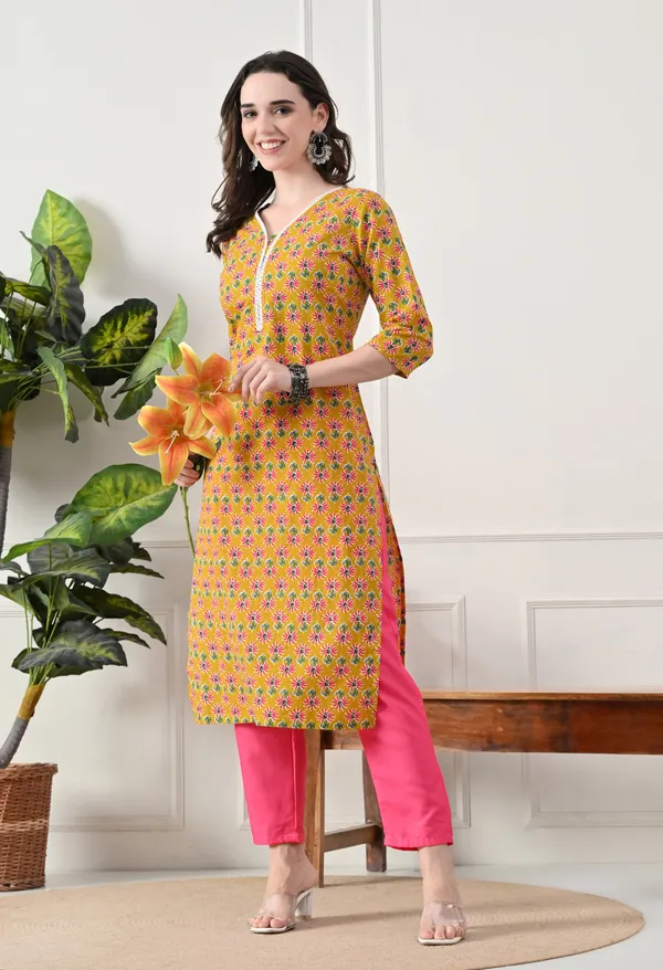 Yellow_Cotton_Floral_Printed_Kurta_For_Women