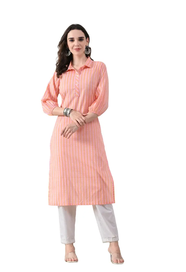 Peach_Cotton_Striped_Premium_Kurta_For_Women