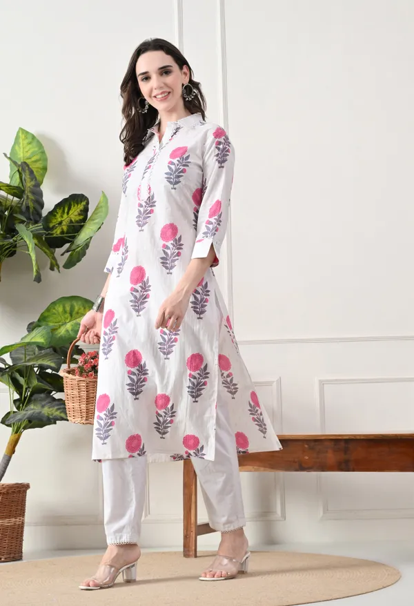 White_Cotton_Floral_Block_Print_Kurta_For_Women