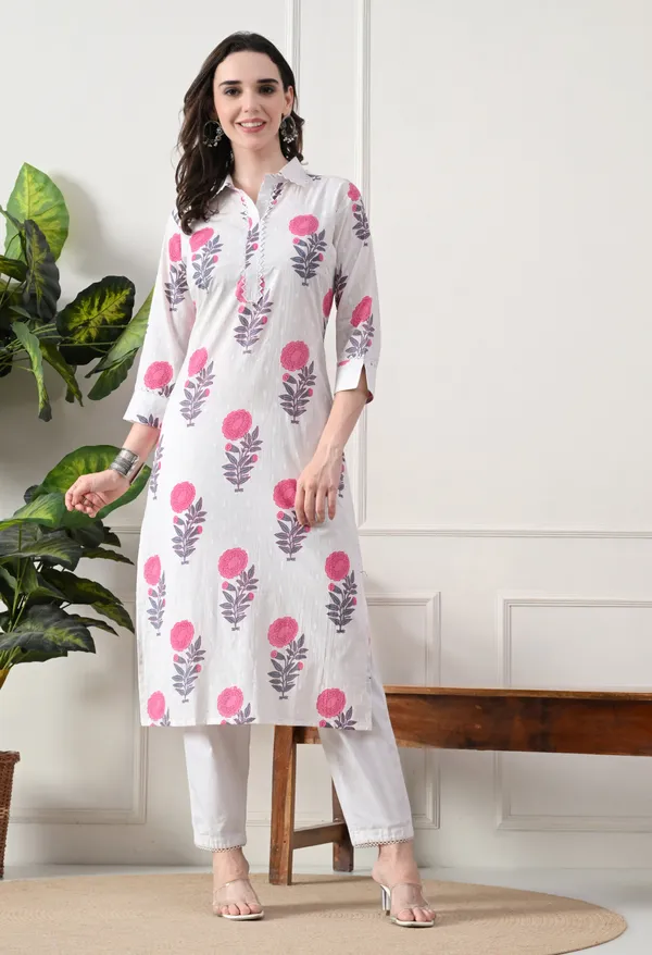 White_Cotton_Floral_Block_Print_Kurta_For_Women