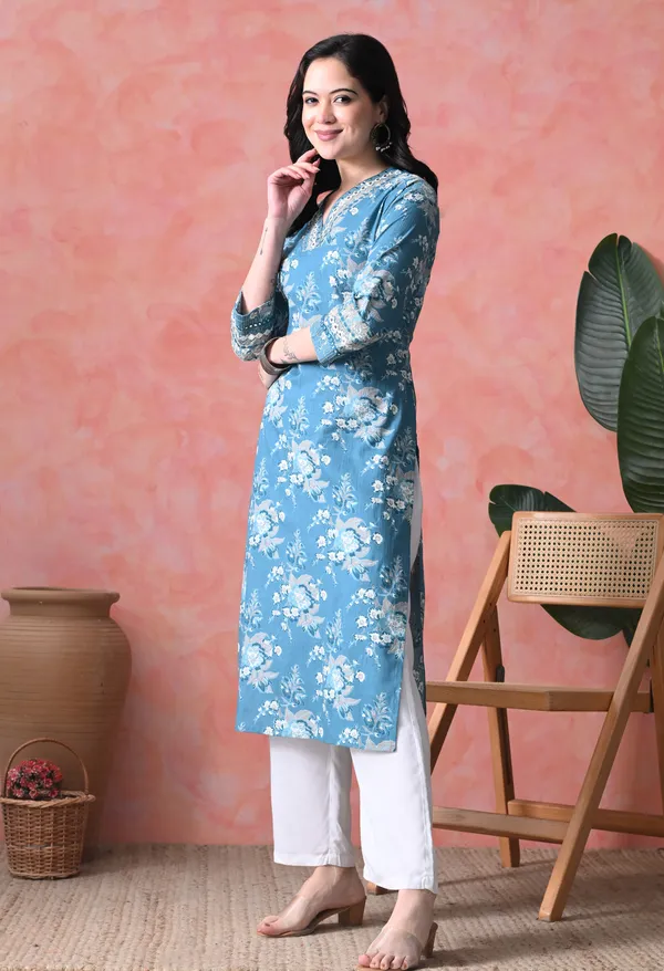 Sea_Green_Cotton_Floral_Embroidered_Kurta_For_Women