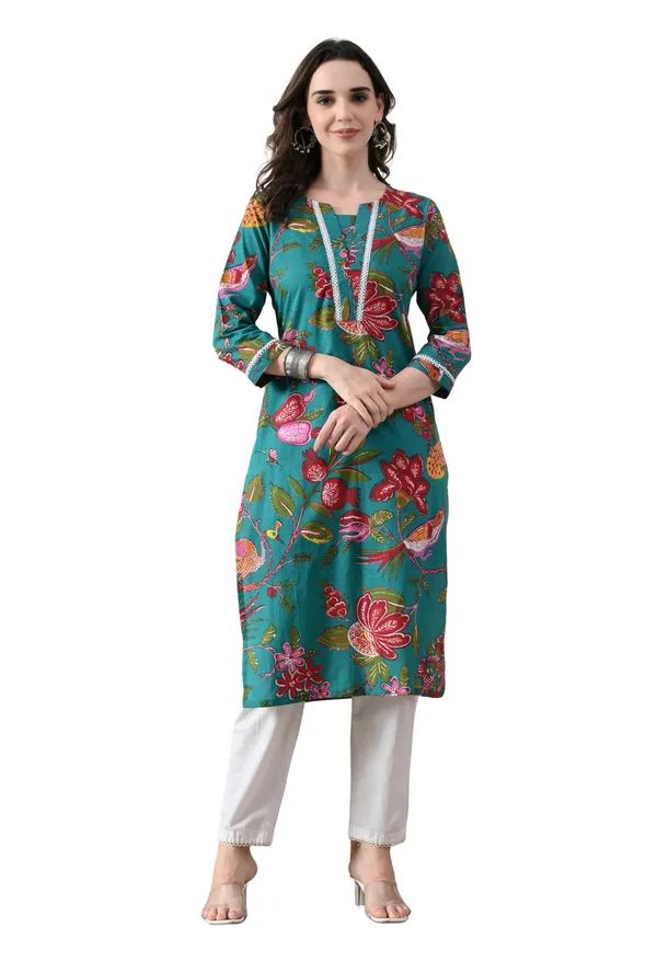 Green_Cotton_Floral_Printed_Kurta_For_Women