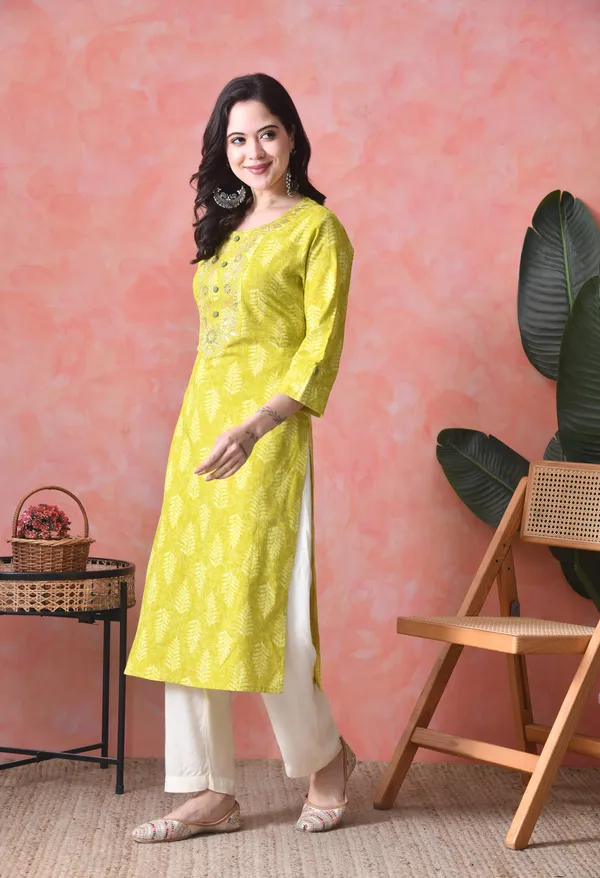 Lemon_Yellow_Cotton_Embroidered_Kurta_For_Women