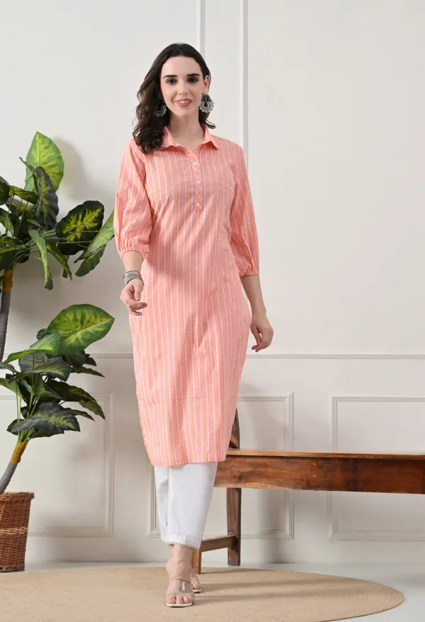 Peach_Cotton_Striped_Premium_Kurta_For_Women