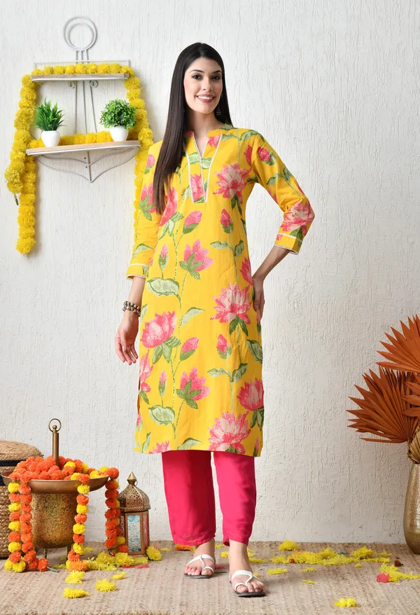 Yellow_Cotton_Floral_Printed_Kurta_For_Women