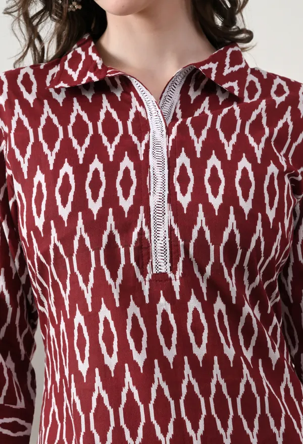 Maroon_Cotton_Ikat_Print_Kurta_For_Women