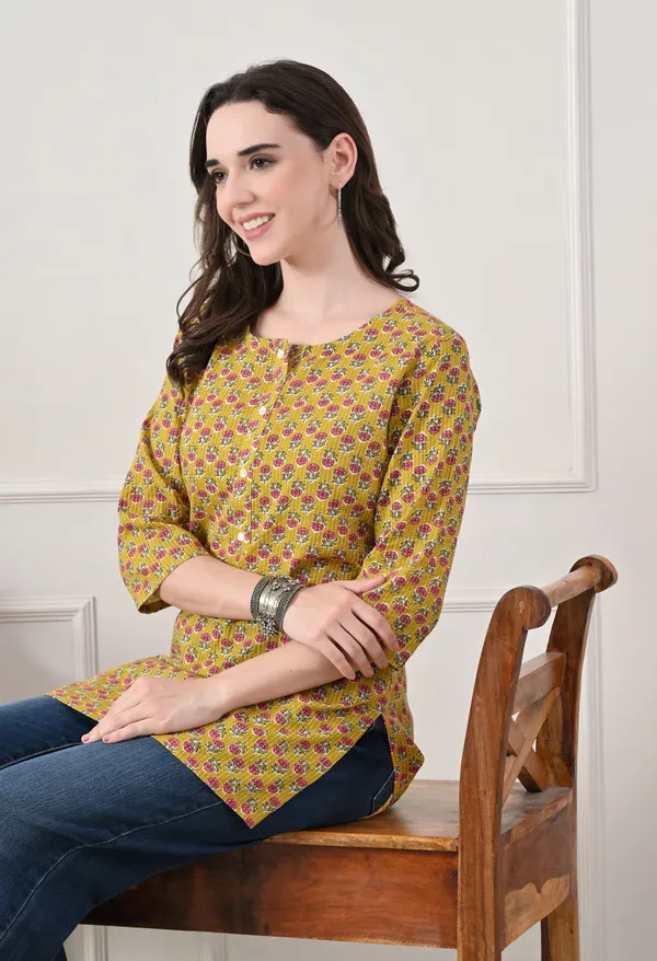 Yellow_Cotton_Floral_Print_Kurti_For_Women