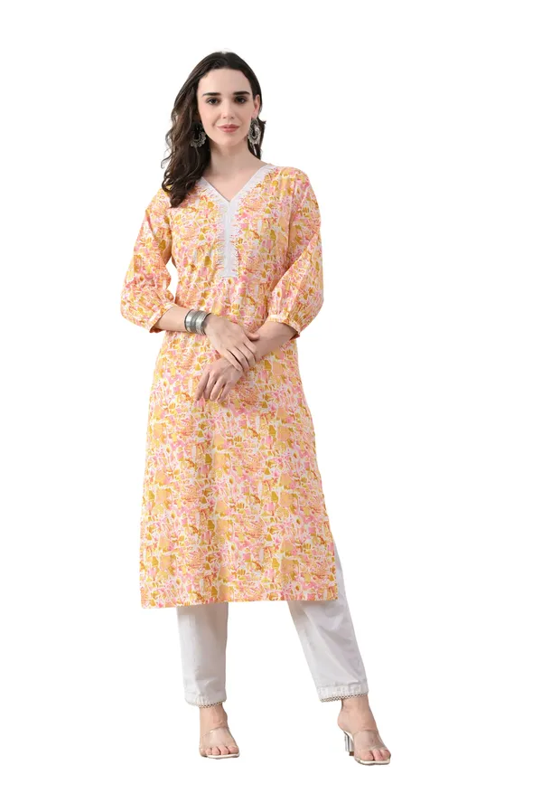 Yellow_Cotton_Floral_Print_Kurta_For_Women