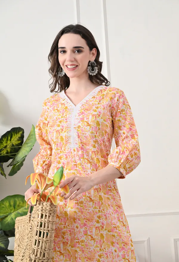 Yellow_Cotton_Floral_Print_Kurta_For_Women