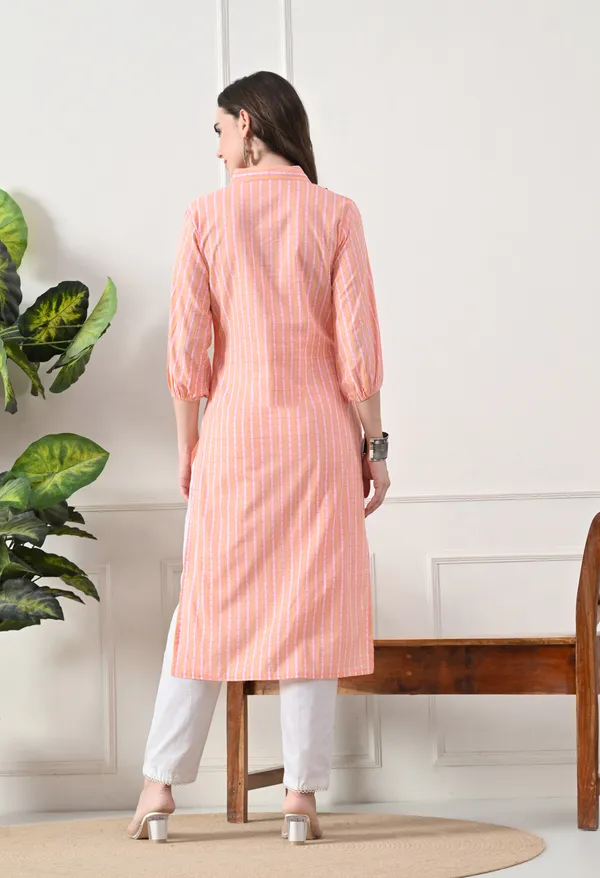 Peach_Cotton_Striped_Premium_Kurta_For_Women