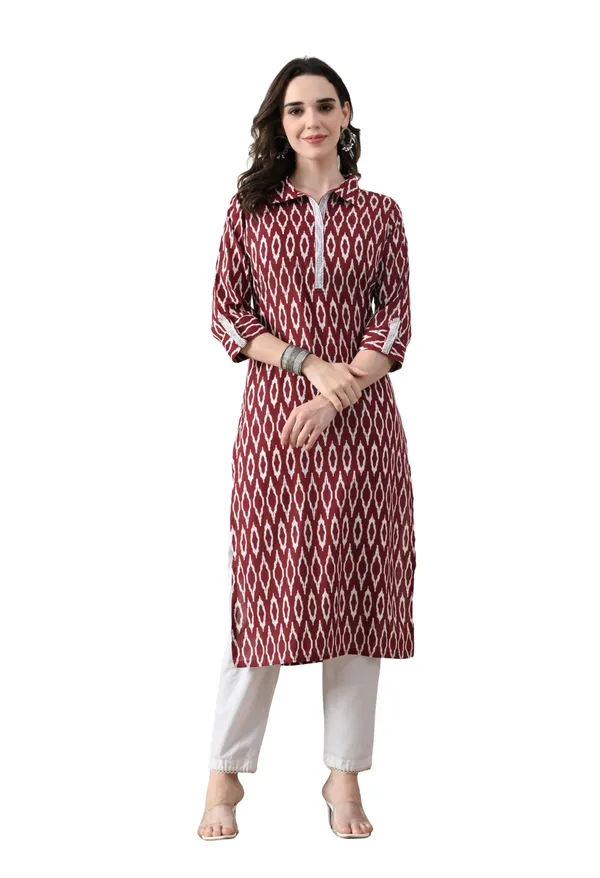 Maroon_Cotton_Ikat_Print_Kurta_For_Women