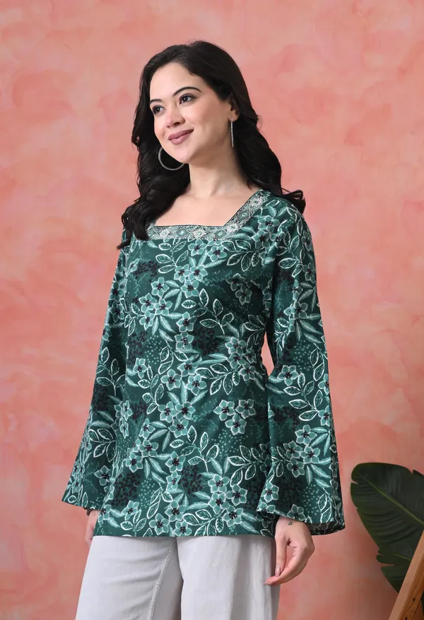 Green_Cotton_Floral_Embroidered_Kurti_For_Women