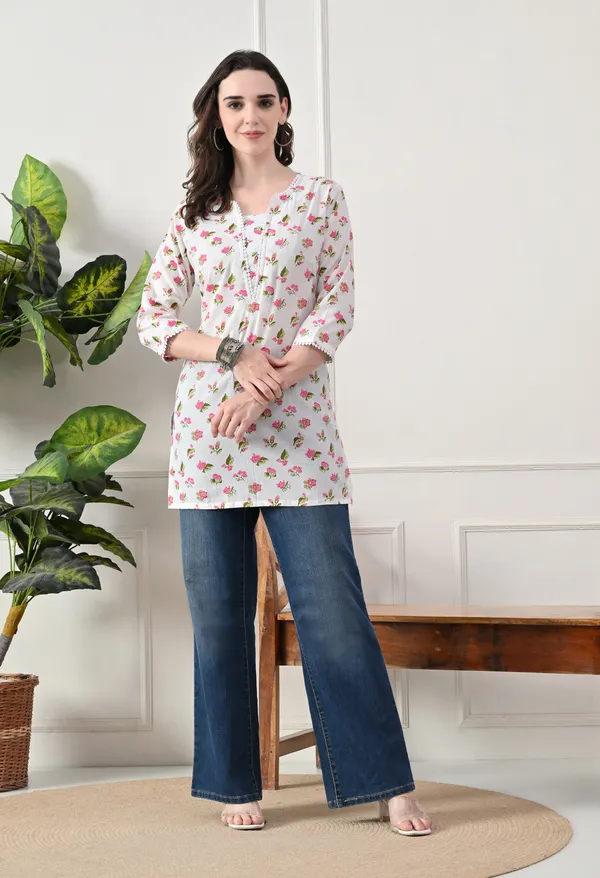 White_Cotton_Floral_Print_Kurti_For_Women