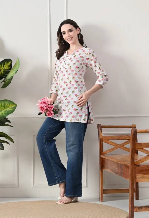 White_Cotton_Floral_Print_Kurti_For_Women