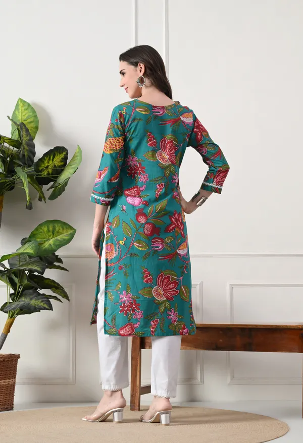 Green_Cotton_Floral_Printed_Kurta_For_Women