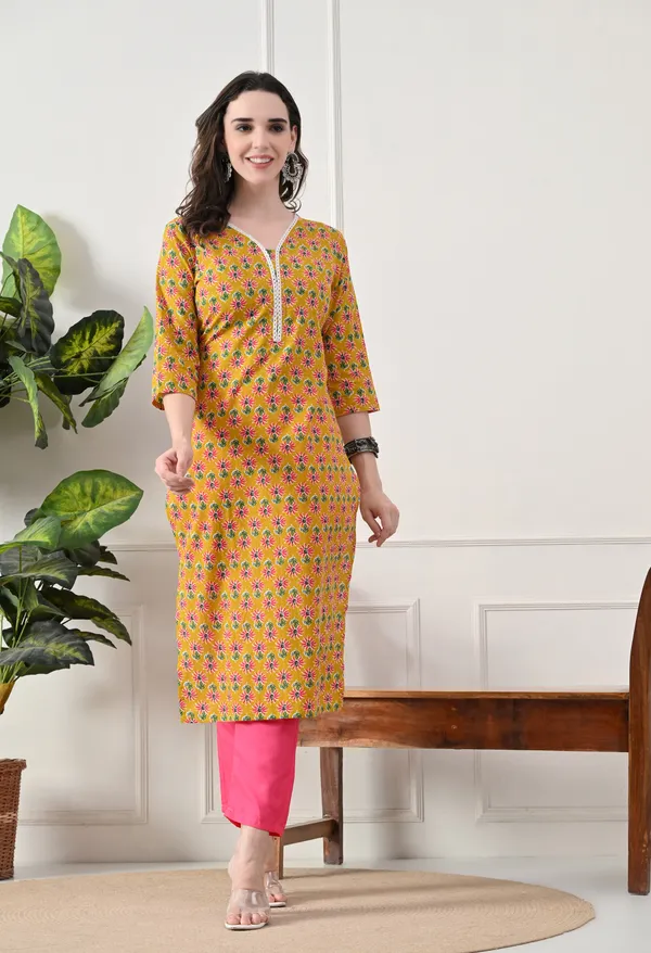Yellow_Cotton_Floral_Printed_Kurta_For_Women