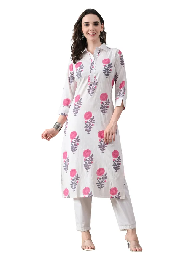 White_Cotton_Floral_Block_Print_Kurta_For_Women