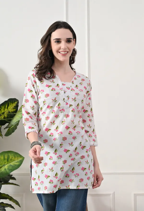 White_Cotton_Floral_Print_Kurti_For_Women
