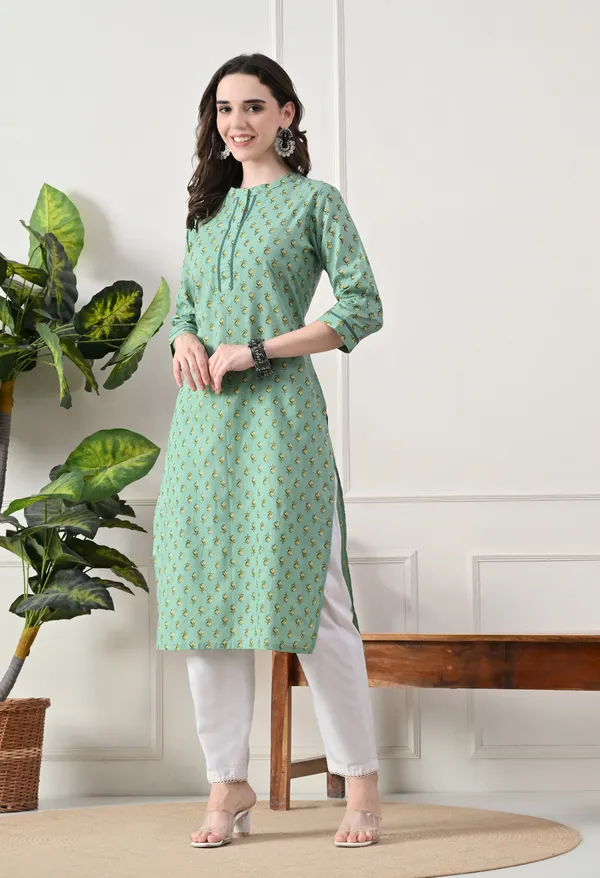 Green_Cotton_Floral_Print_Kurta_For_Women