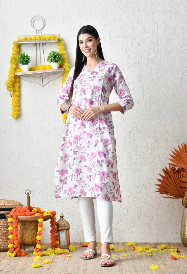White_And_Purple_Cotton_Floral_Printed_Kurta_For_Women