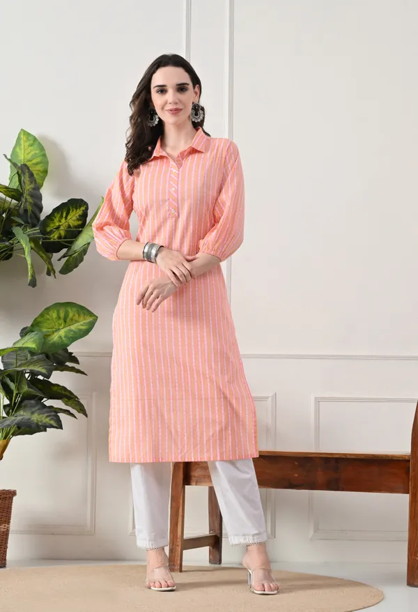 Peach_Cotton_Striped_Premium_Kurta_For_Women