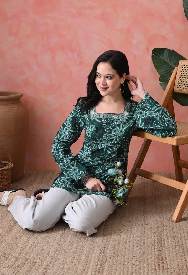 Green_Cotton_Floral_Embroidered_Kurti_For_Women