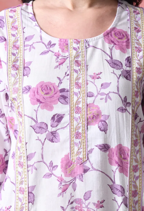 White_And_Purple_Cotton_Floral_Print_Kurta_For_Women