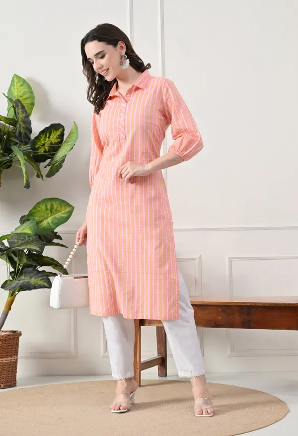 Peach_Cotton_Striped_Premium_Kurta_For_Women